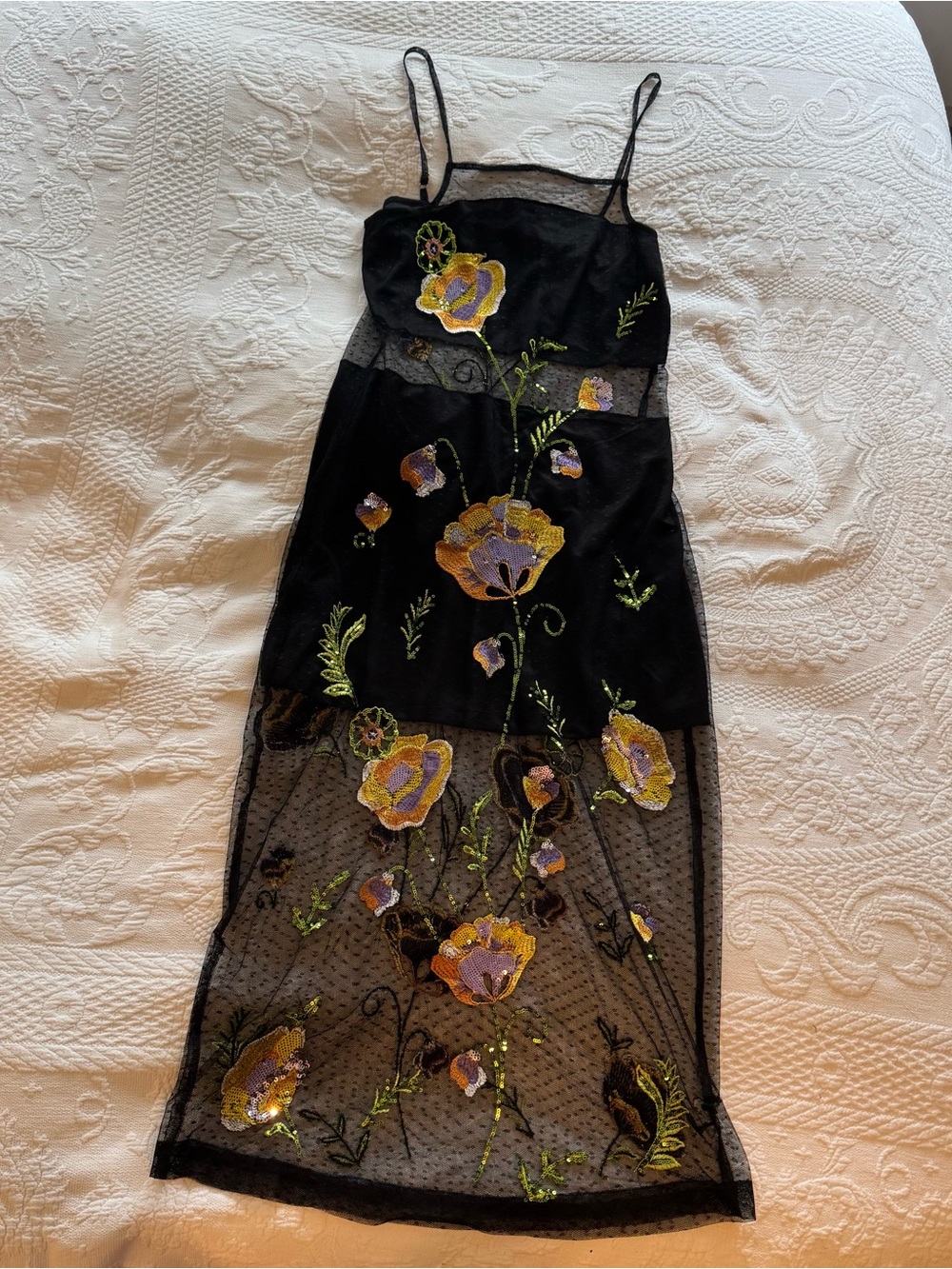 Walter Baker Black Midi Slip Dress with Yellow & Purple Floral Embroidery